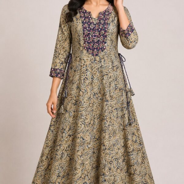 Navy & Beige Kalamkari Flared Kurta