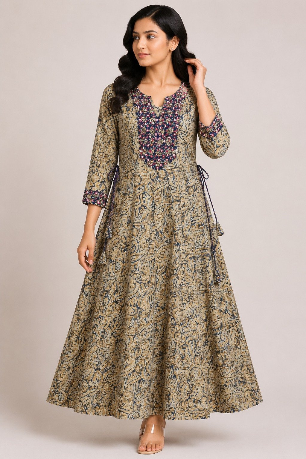 Navy & Beige Kalamkari Flared Kurta