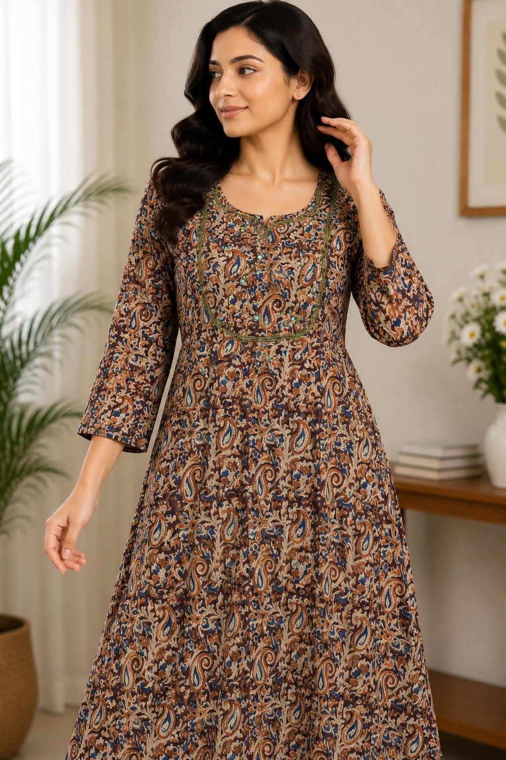 Heritage style with our Brown Paisley Print Anarkali Kurta, - Image 2