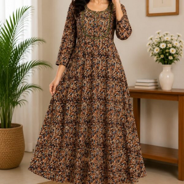 Heritage style with our Brown Paisley Print Anarkali Kurta,