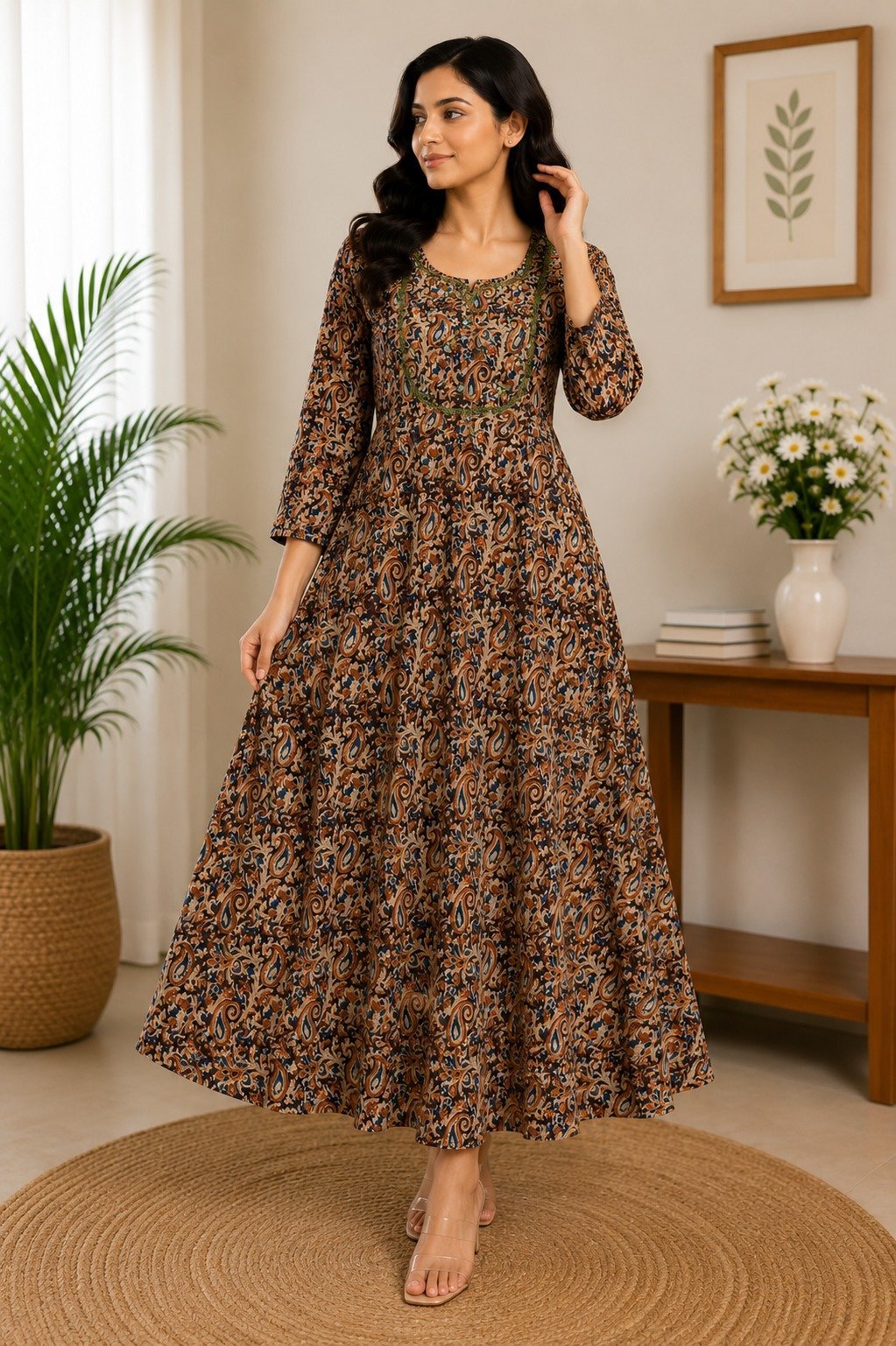 Heritage style with our Brown Paisley Print Anarkali Kurta,