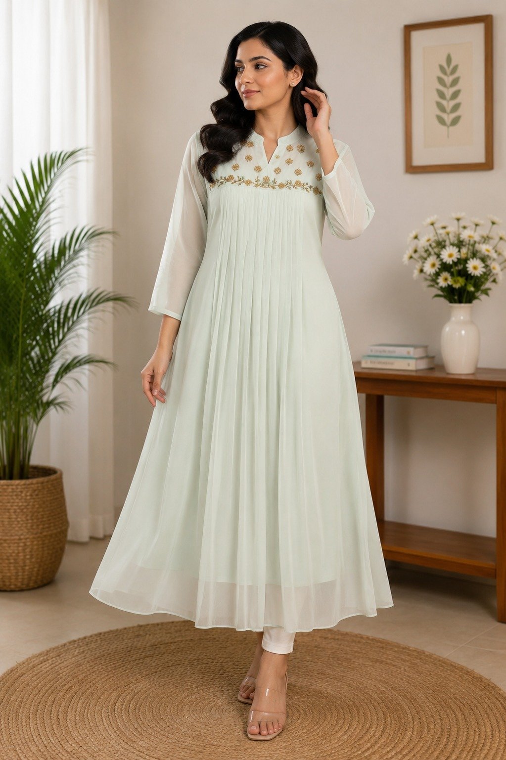 Off-White Pleated Georgette Kurta - Image 2