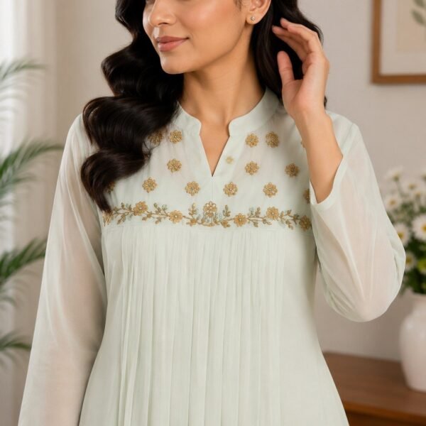 Off-White Pleated Georgette Kurta