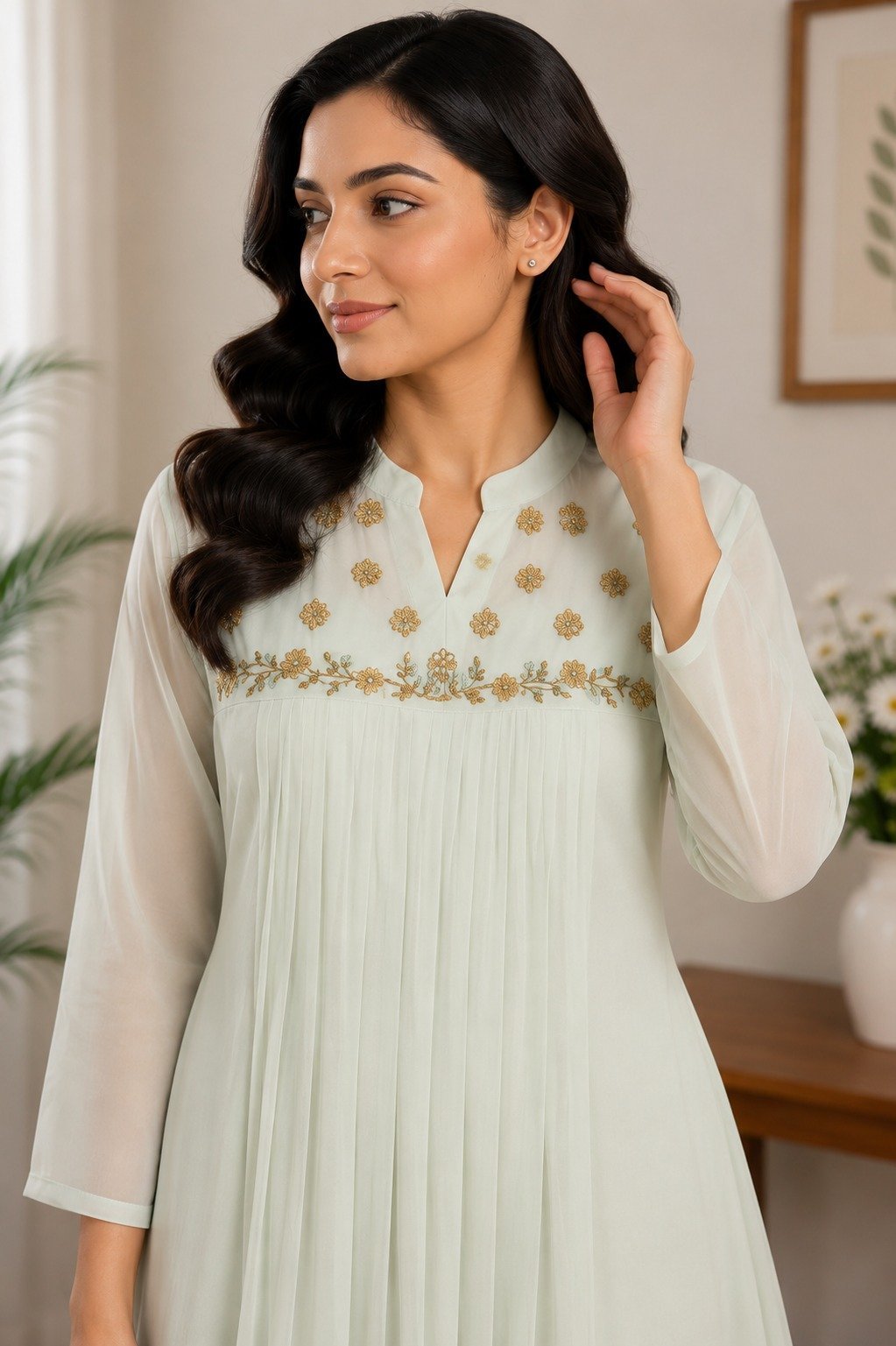 Off-White Pleated Georgette Kurta