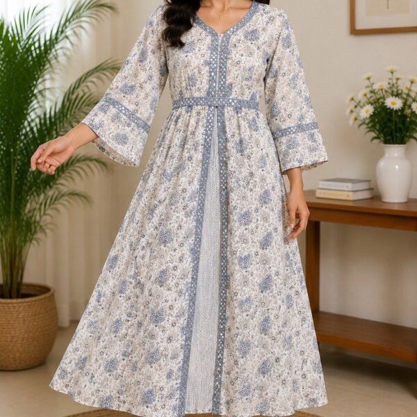 White & Blue Block Print Anarkali Kurta,