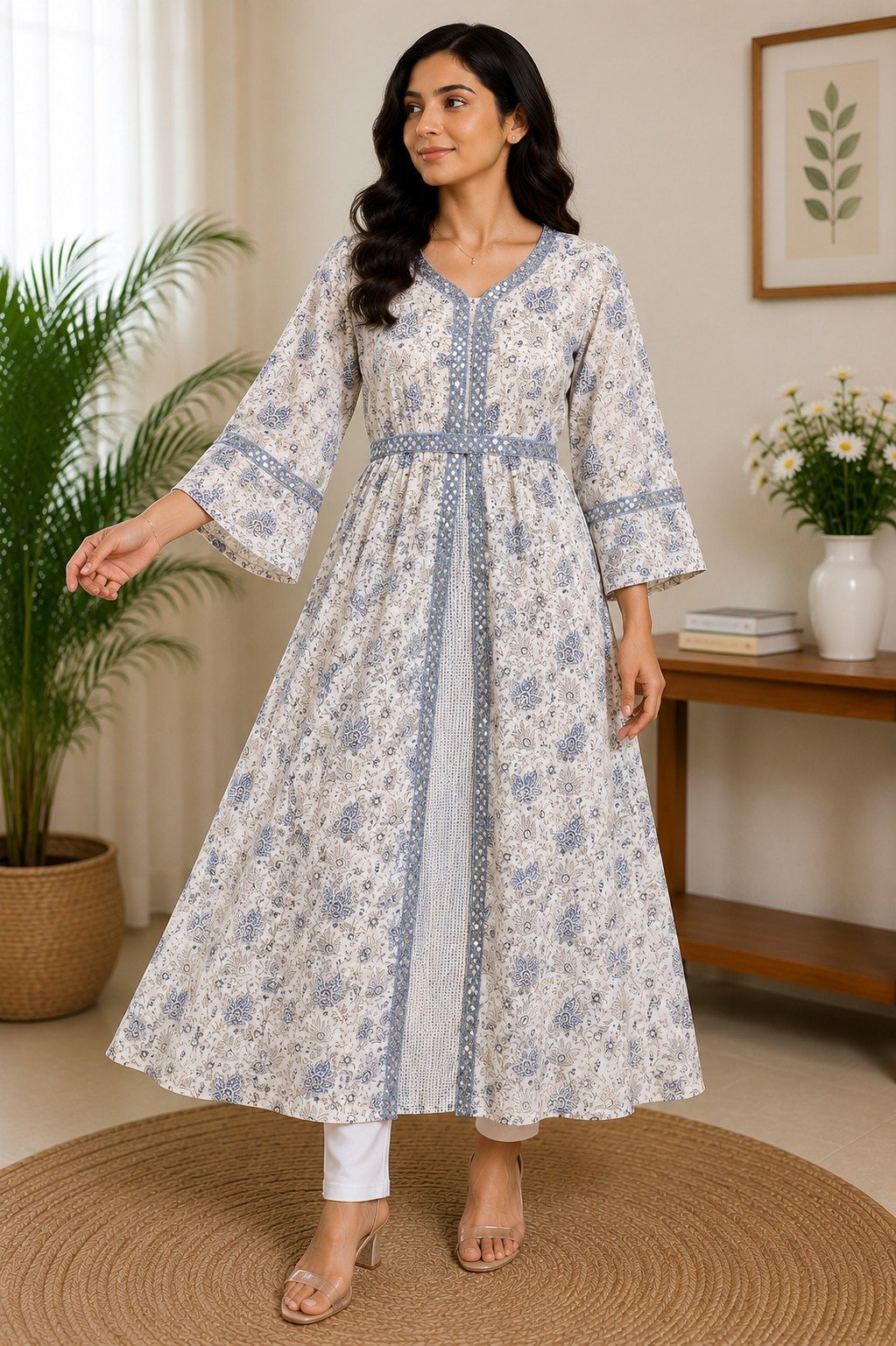 White & Blue Block Print Anarkali Kurta,