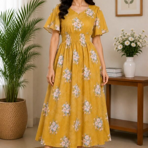 Mustard Floral Midi Dress