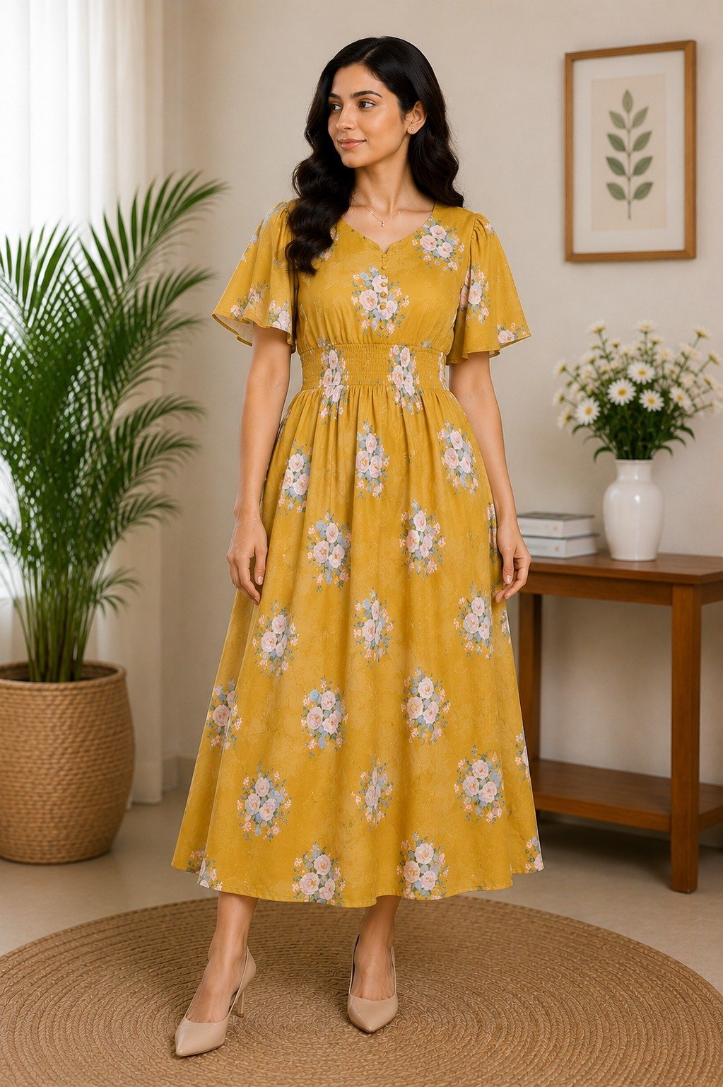 Mustard Floral Midi Dress
