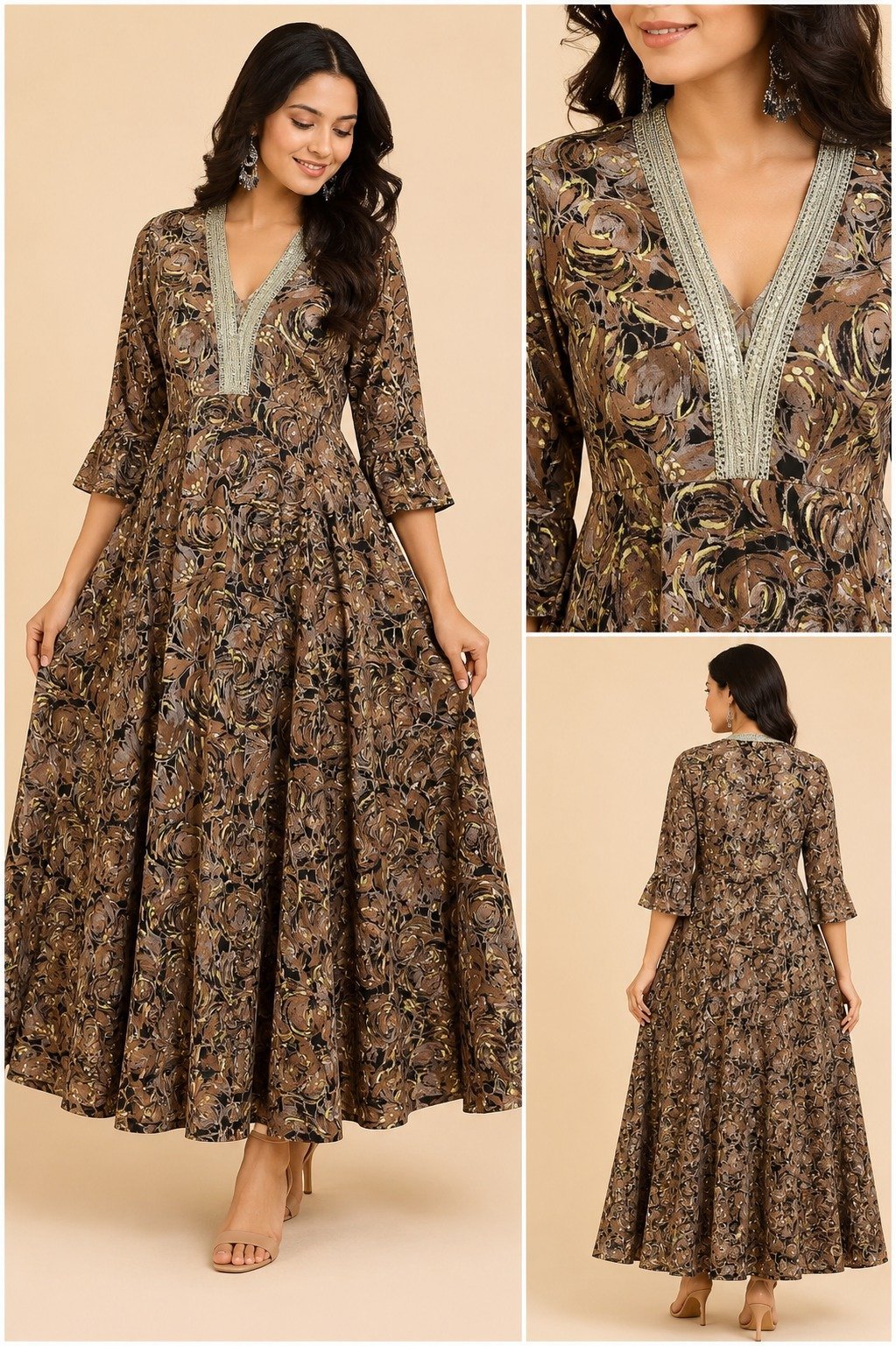 Mocha Floral Flared Dress
