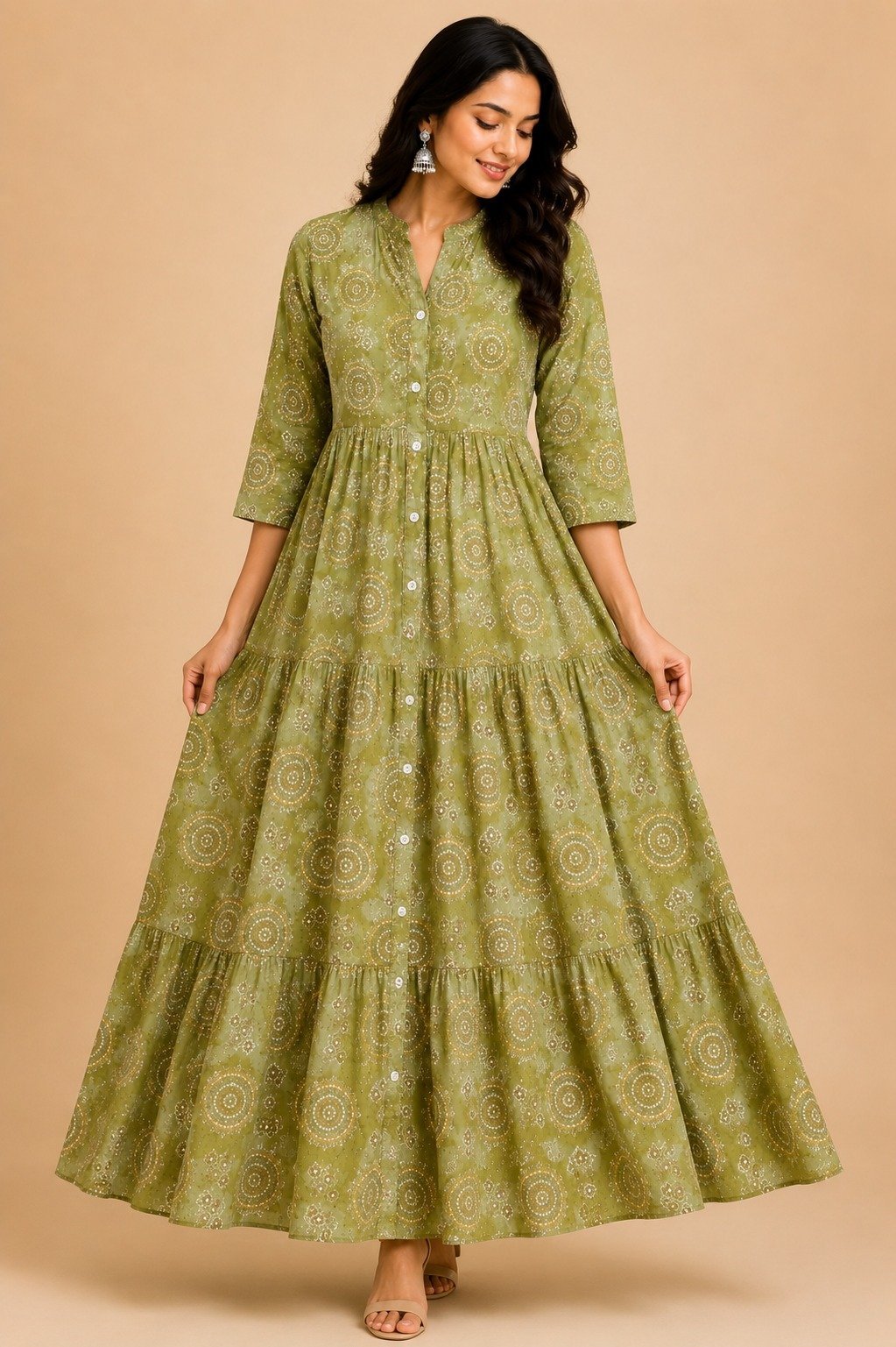Olive Bandhani Tiered Maxi Dress