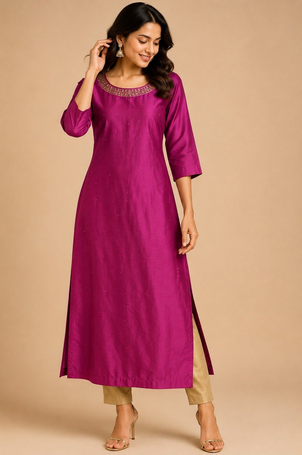 Magenta Embroidered Kurta,