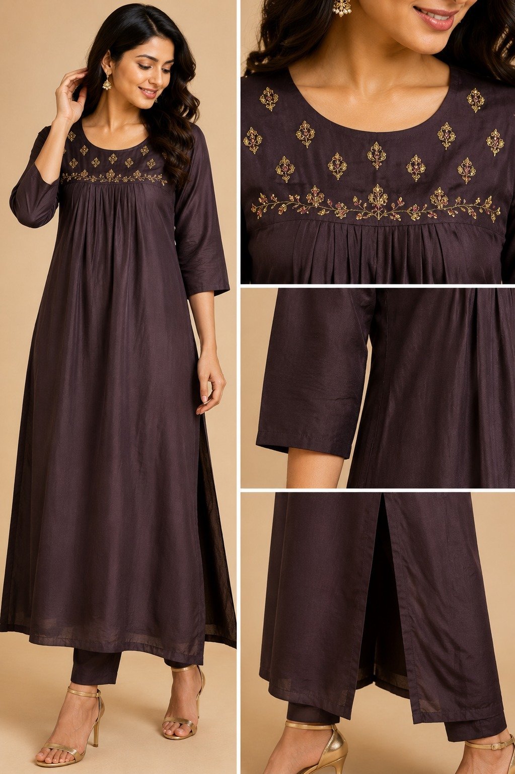 Charcoal Brown Embroidered Kurta