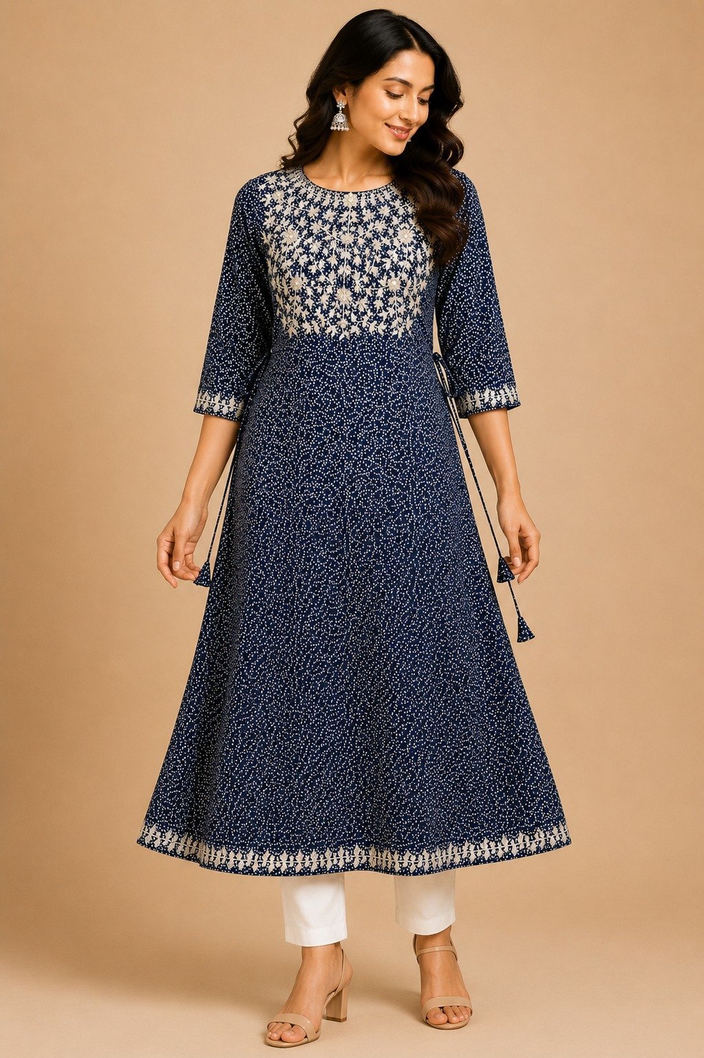Navy Printed Embroidered Flared Kurta - Image 2