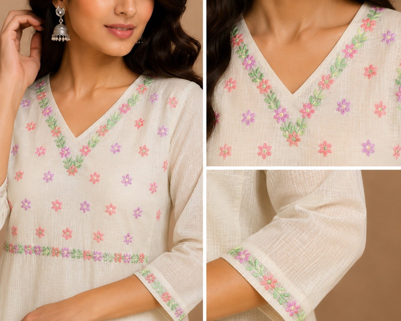 Off-White Embroidered A-Line Kurta, - Image 2