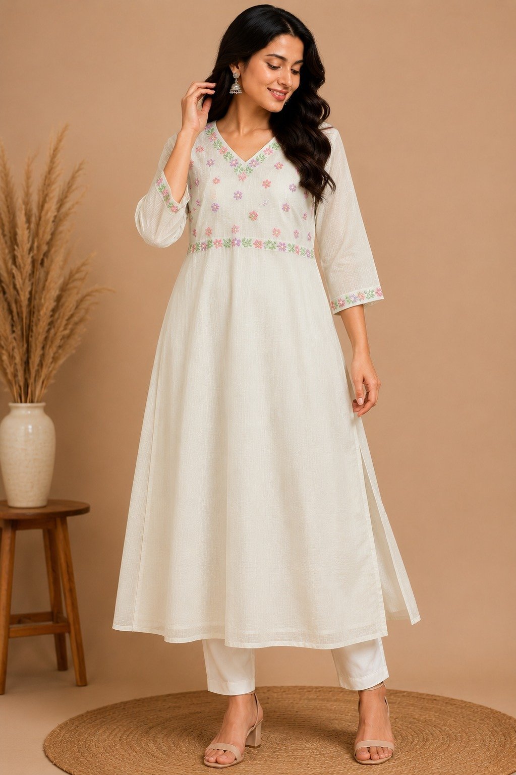 Off-White Embroidered A-Line Kurta,