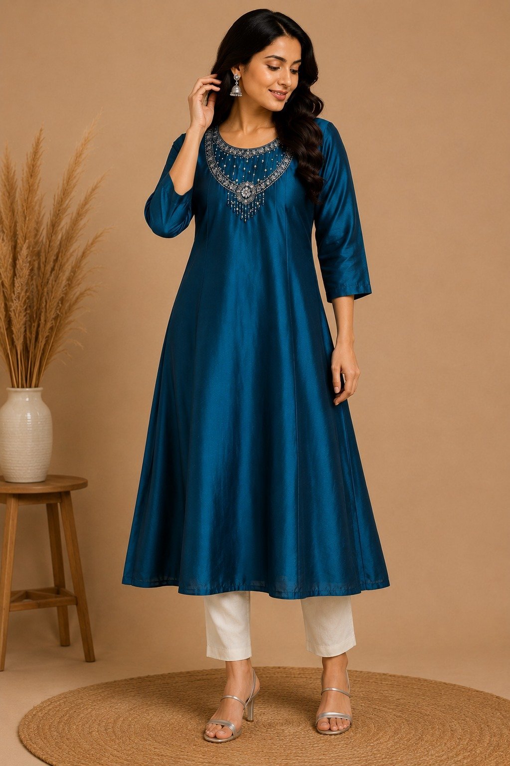 Teal Blue Embellished A-Line Kurta,