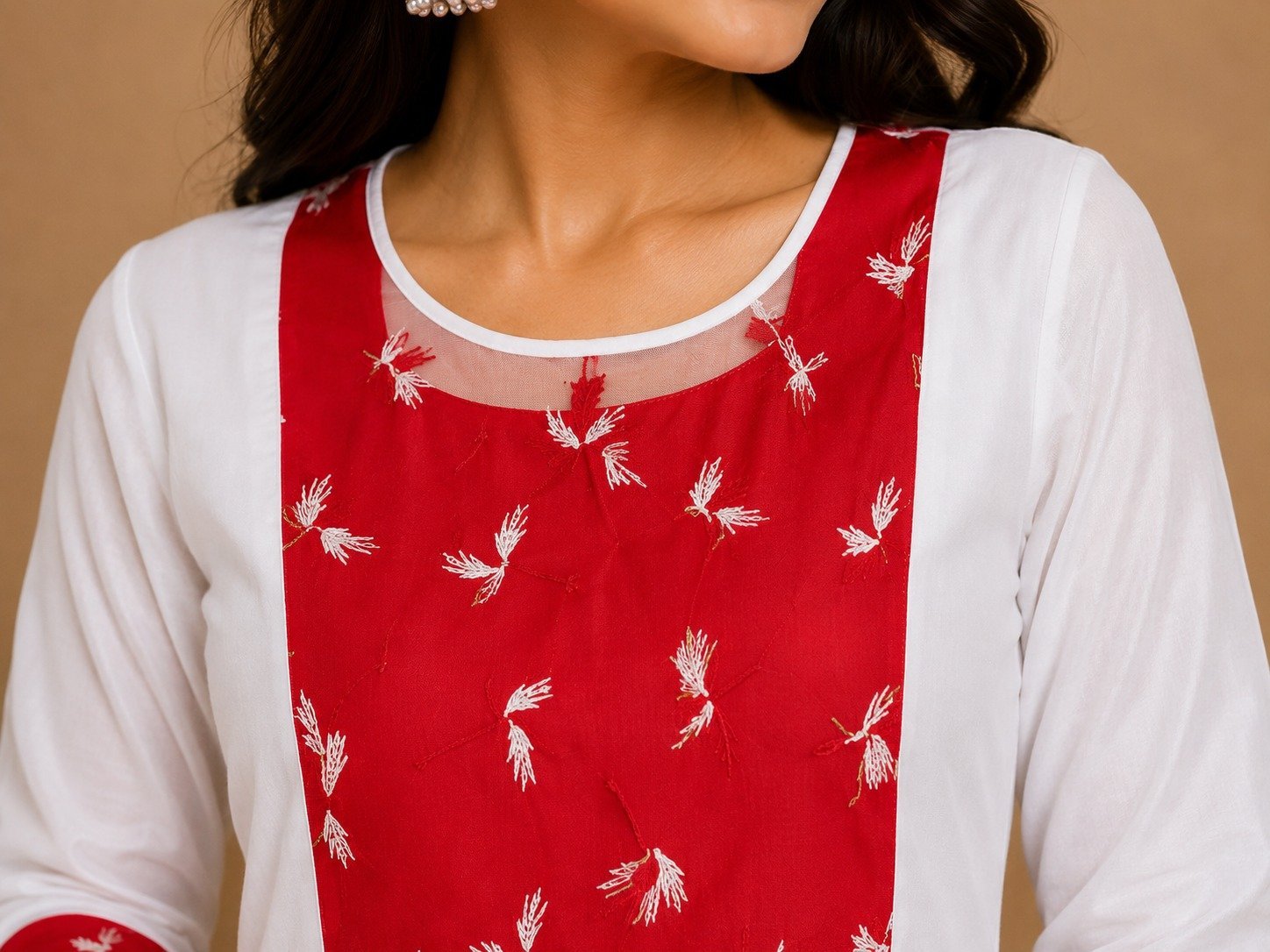 White & Red Colorblock Anarkali Kurta - Image 2