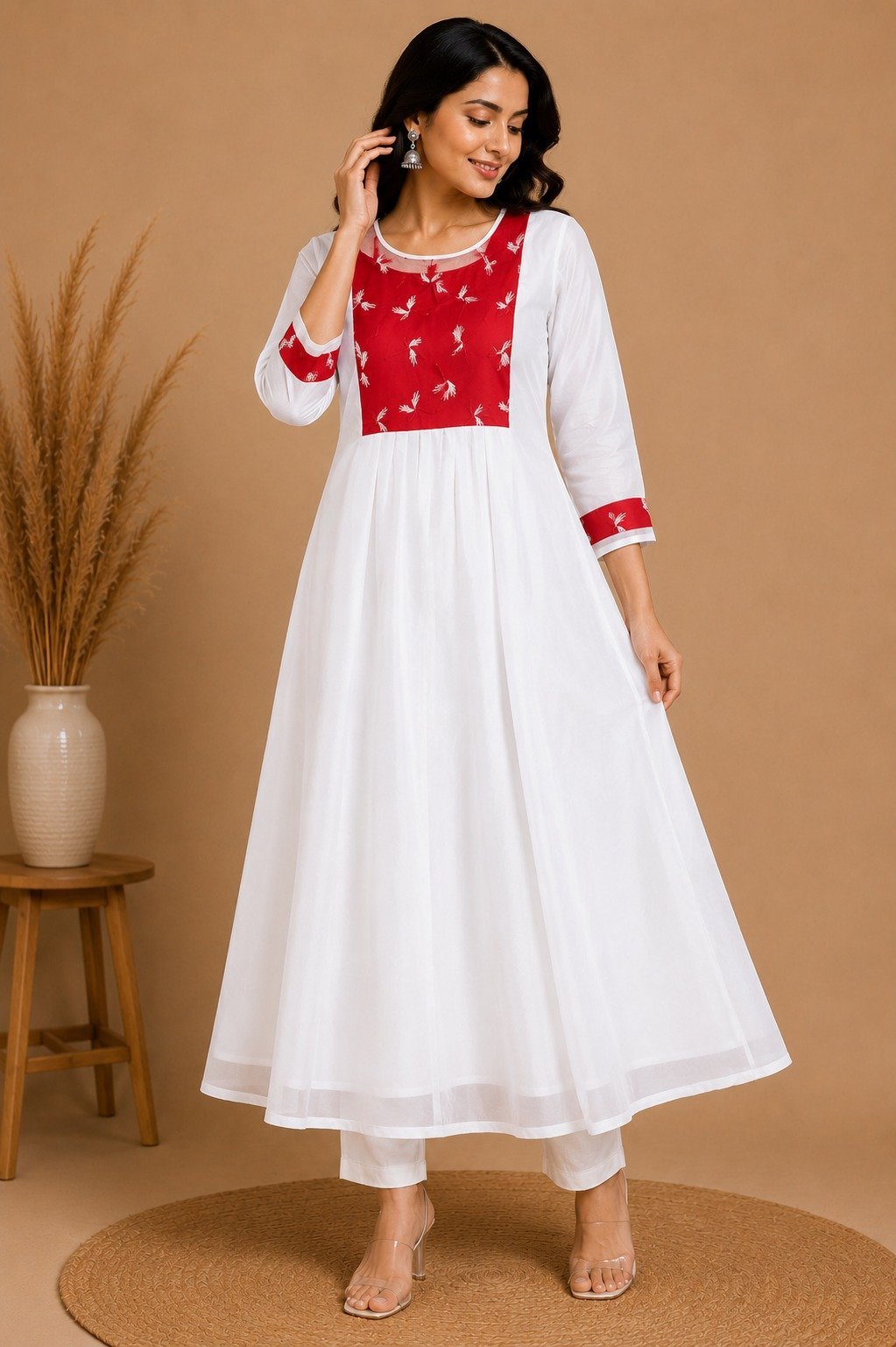 White & Red Colorblock Anarkali Kurta