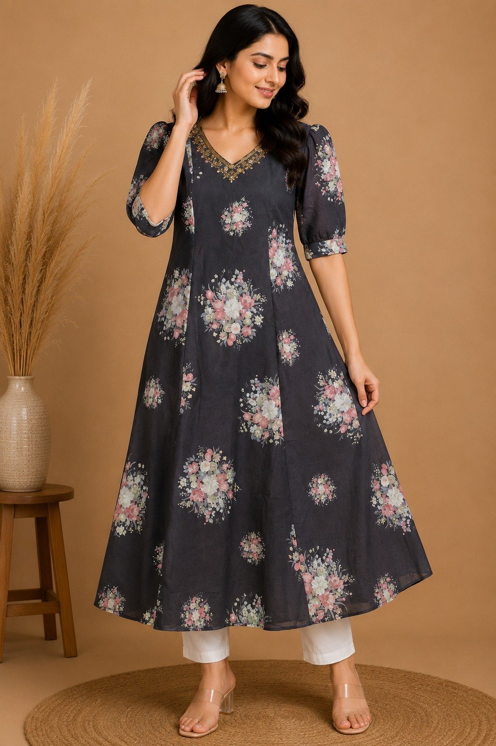 Charcoal Grey Floral Printed A-Line Kurta - Image 2