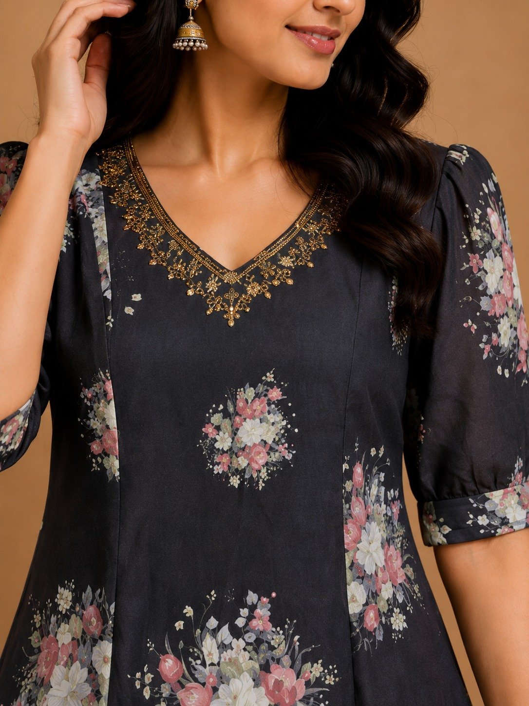 Charcoal Grey Floral Printed A-Line Kurta