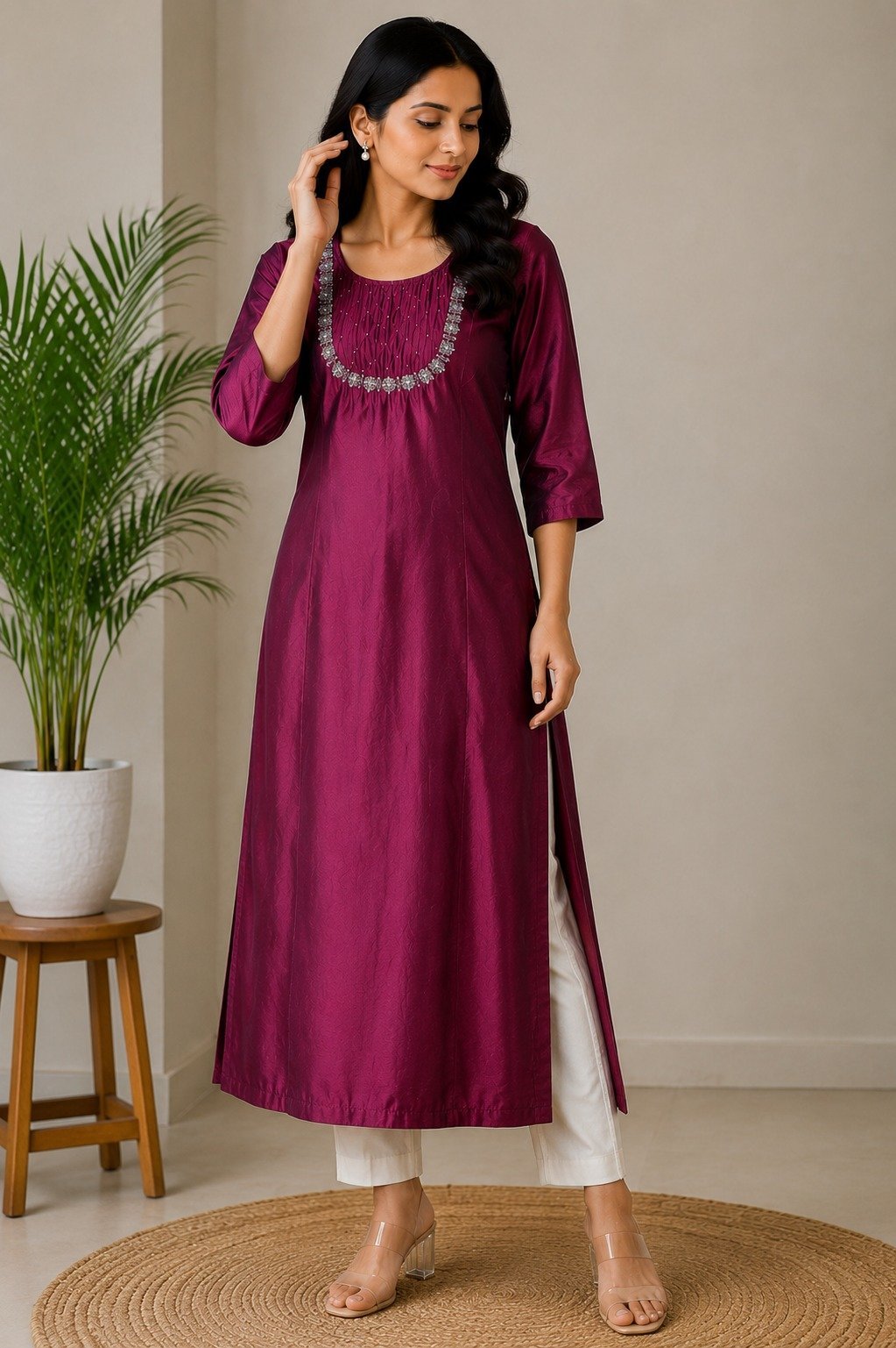 Wine Silk-Blend A-Line Kurta,