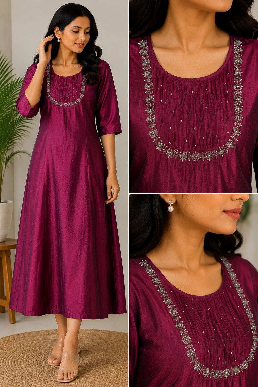 Wine Silk-Blend A-Line Kurta, - Image 2