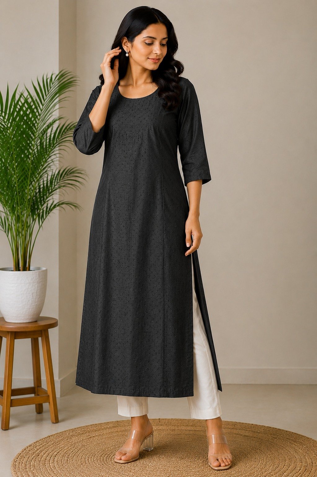 Black Textured Cotton Straight Kurta