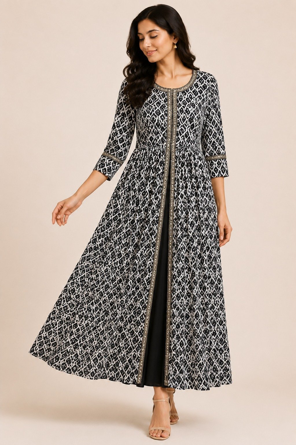 Black & White Ikat-Print Anarkali Jacket Kurta