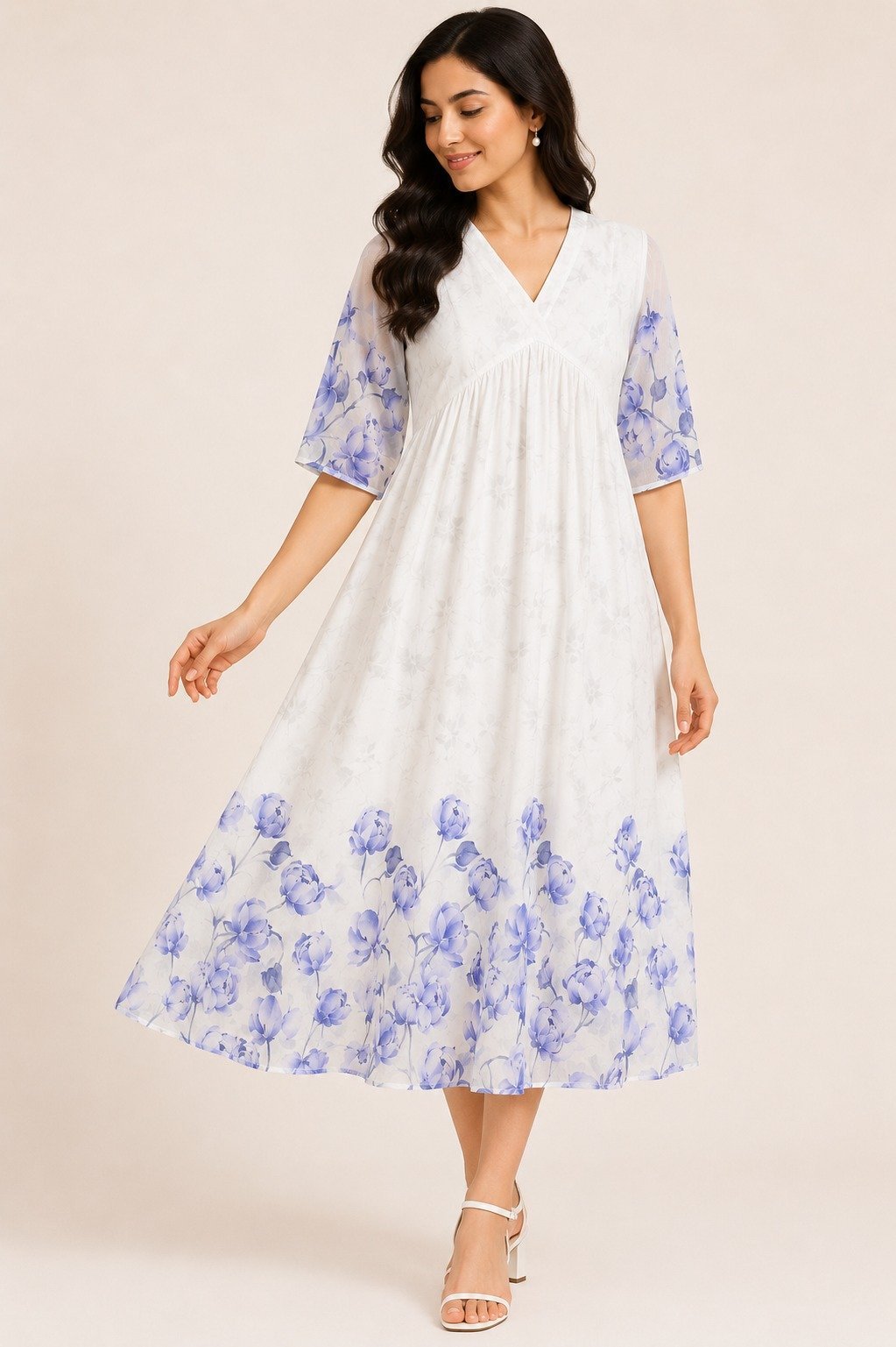 White & Blue Floral Empire-Waist Midi Dress