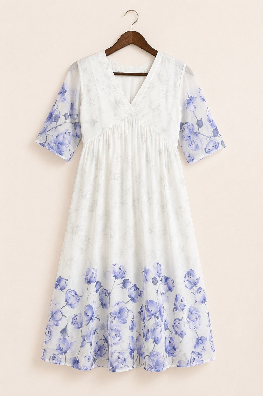 White & Blue Floral Empire-Waist Midi Dress - Image 2