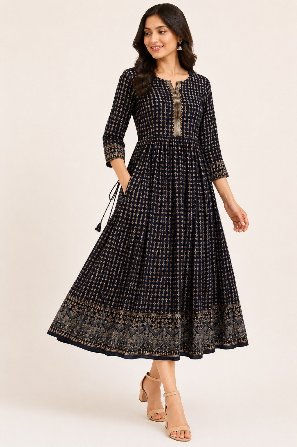 Navy Blue & Gold Printed Anarkali Midi Dress
