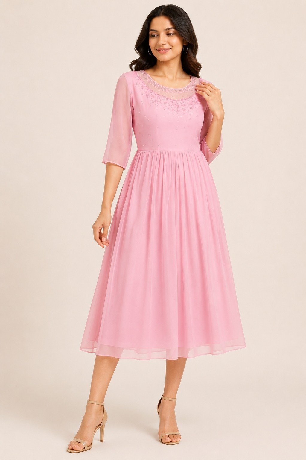Blush Pink Chiffon Embellished Midi Dress