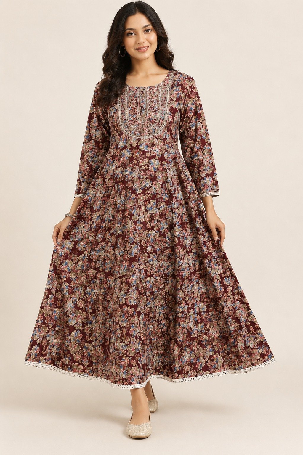 Maroon Floral Printed Anarkali Maxi Dress