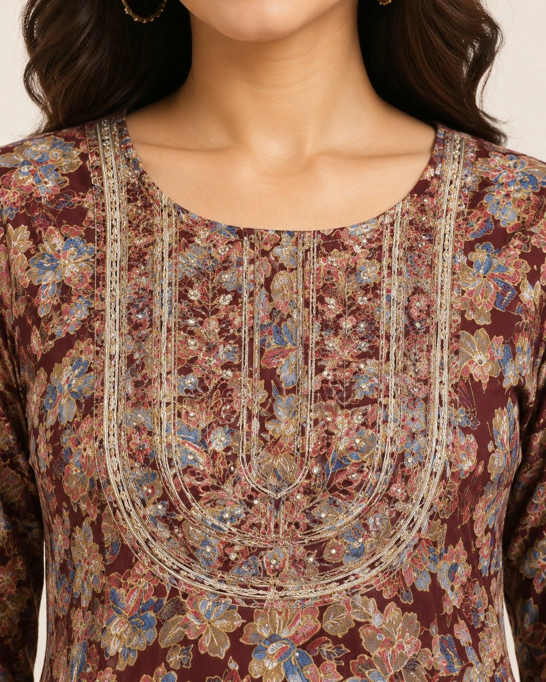 Maroon Floral Printed Anarkali Maxi Dress - Image 2