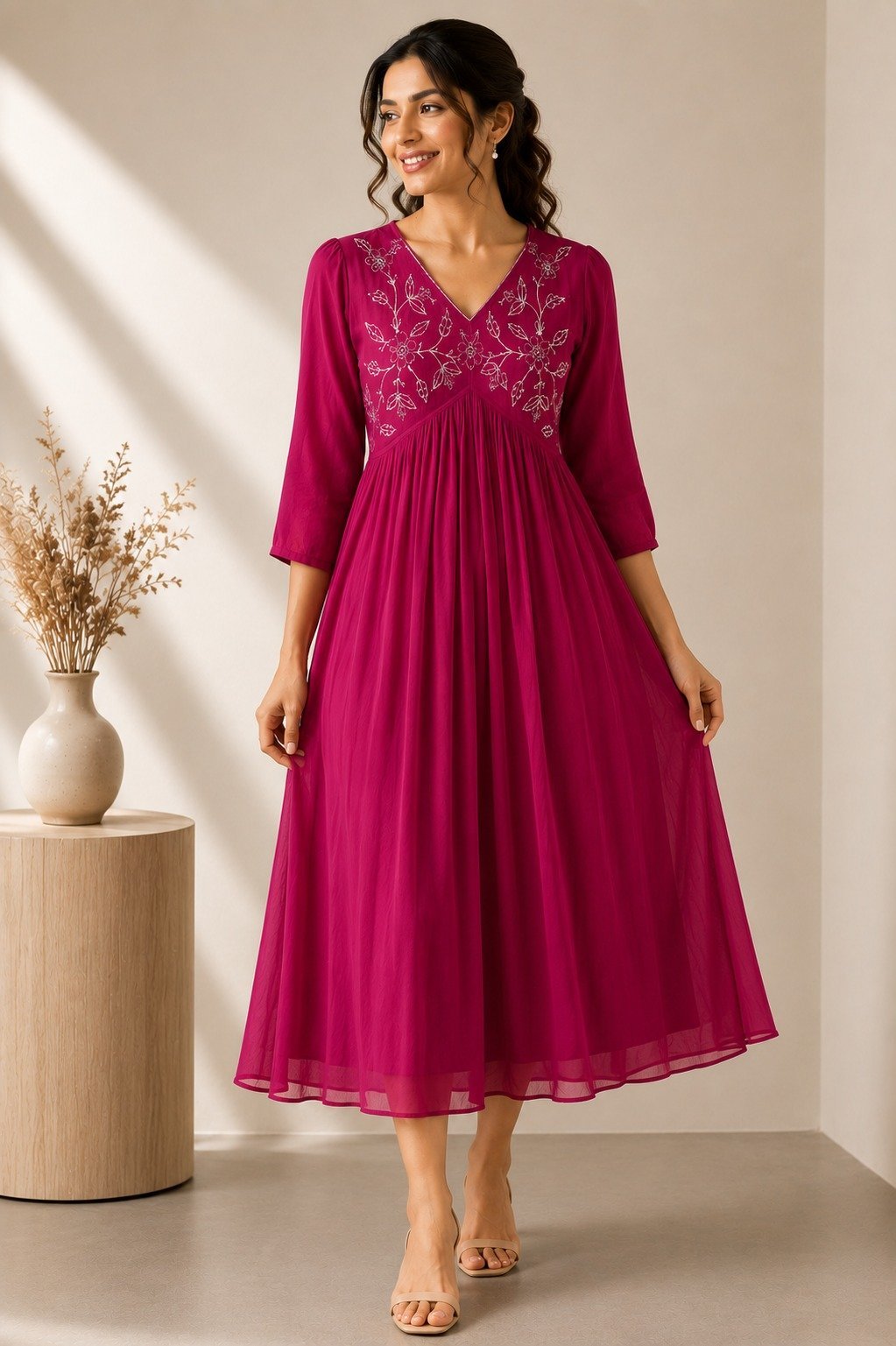 Berry Bloom Embroidered Midi Dress