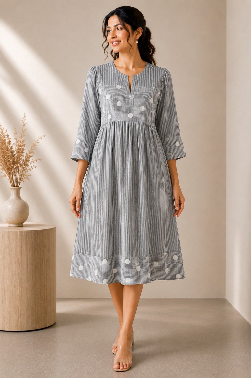 Pinstripe Polka Cotton Midi Dress