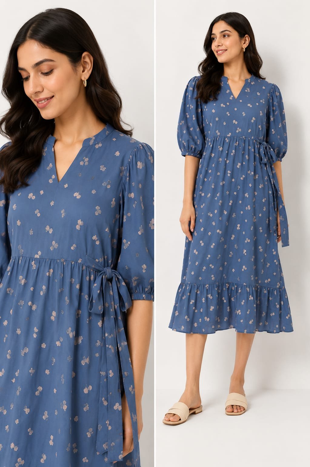 Elegant blue floral midi dress featuring a flattering