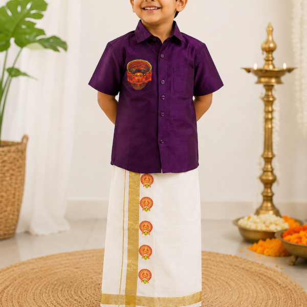 Boys' Royal Purple Theyyam Motif Mundu & Shirt Set