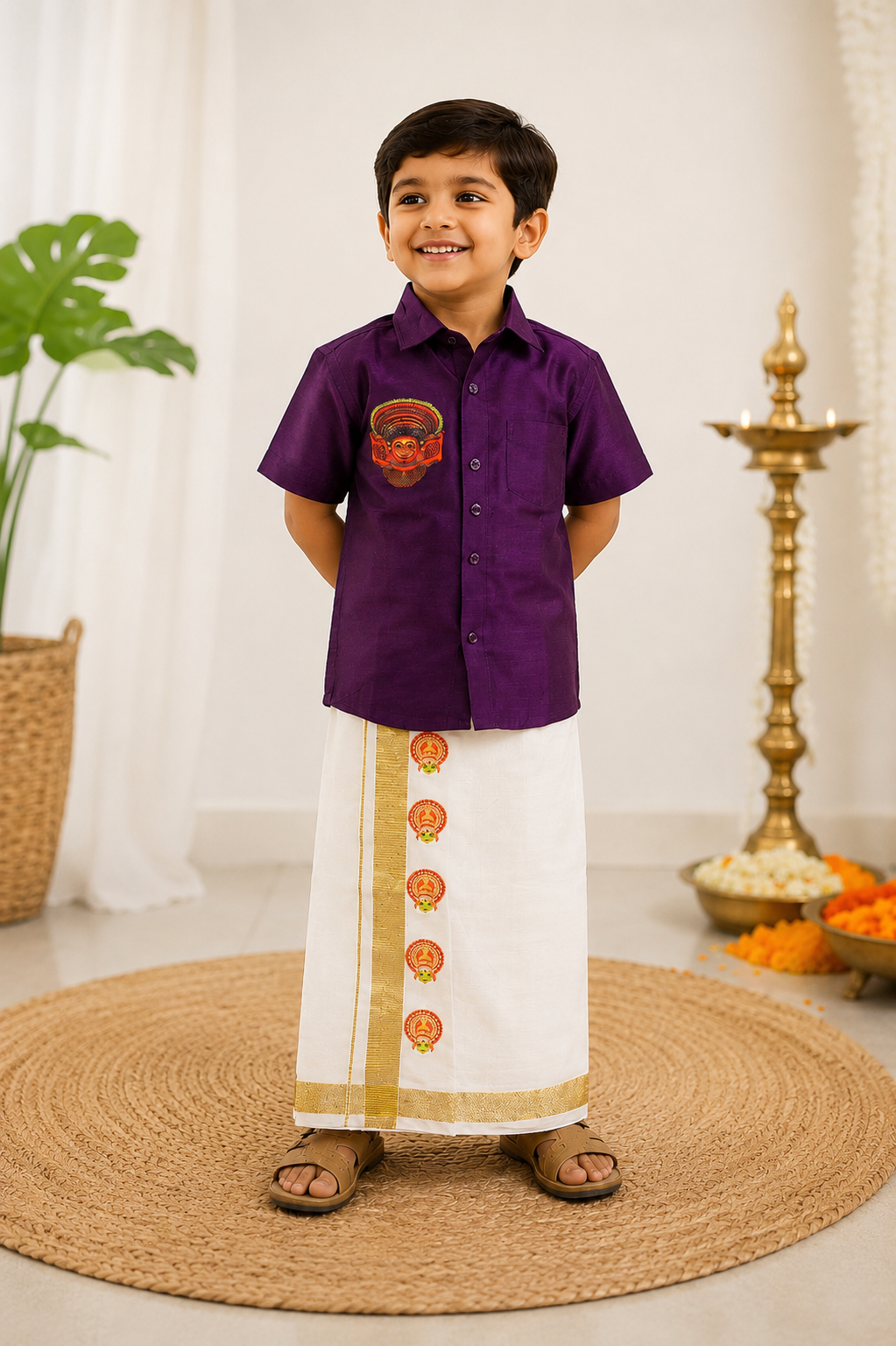 Boys' Royal Purple Theyyam Motif Mundu & Shirt Set