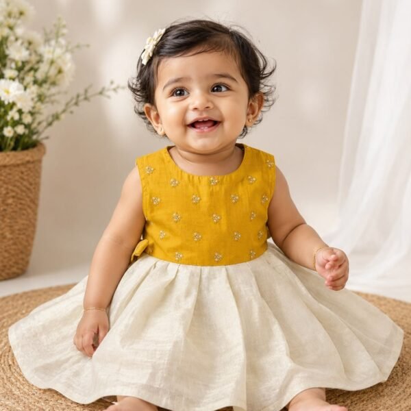 Festive Mustard & Cream Embroidered Baby Ethnic Frock