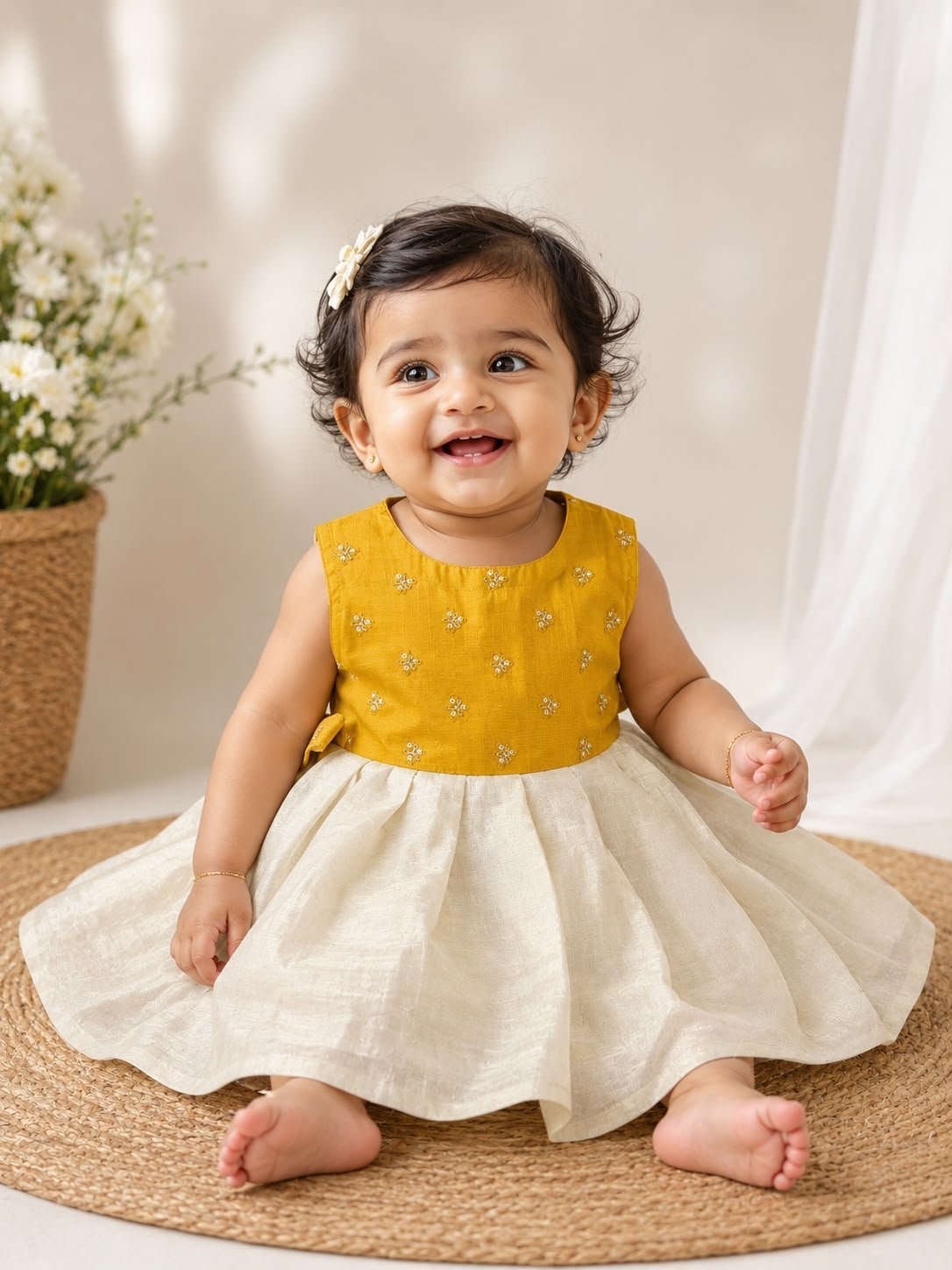 Festive Mustard & Cream Embroidered Baby Ethnic Frock