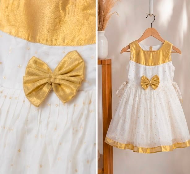 Charming Off-White & Gold Baby Frock with Front Bow Accent