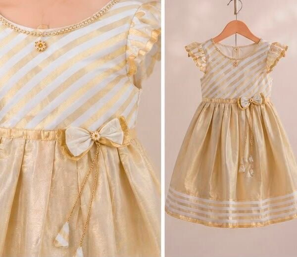 Elegant Golden Striped Baby Frock with Flutter Sleeves & Bow