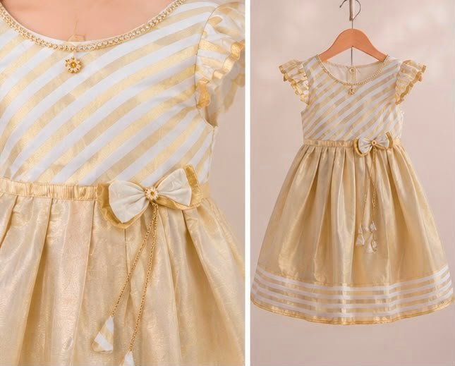 Elegant Golden Striped Baby Frock with Flutter Sleeves & Bow