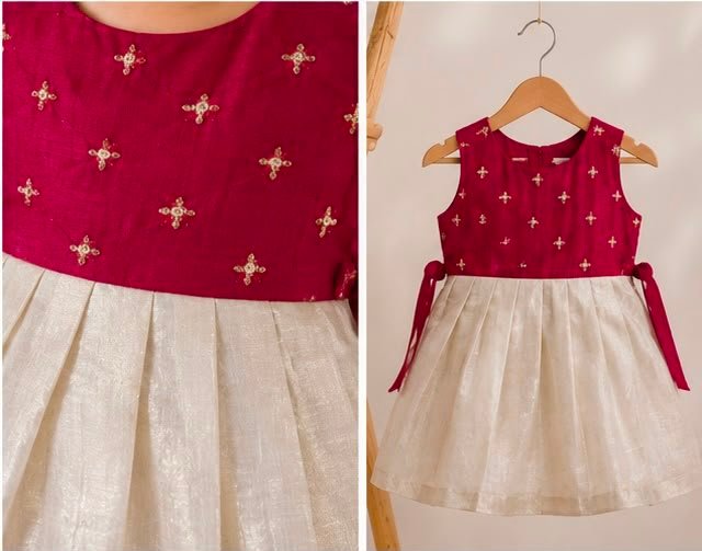 Festive Meroon & Off-White Embroidered Baby Frock - Image 2