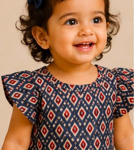 Festive Indigo Ikkat & Cream Pattu Pavadai Set (Skirt & Blouse)