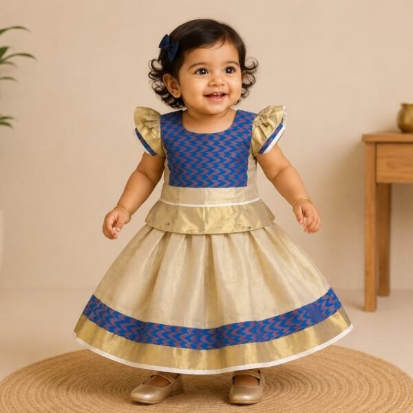 Vibrant Blue & Cream Pattu PavadaSet (Skirt & Blouse)