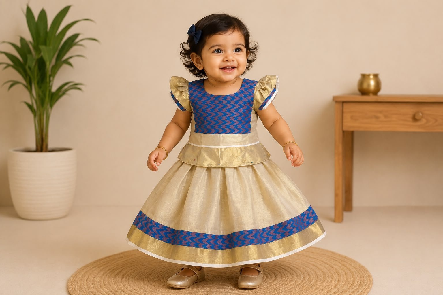 Vibrant Blue & Cream Pattu PavadaSet (Skirt & Blouse)