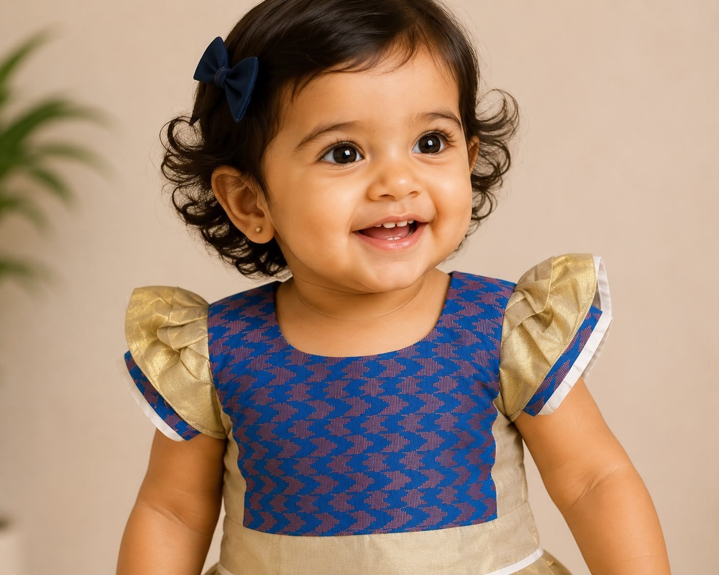 Vibrant Blue & Cream Pattu PavadaSet (Skirt & Blouse) - Image 2
