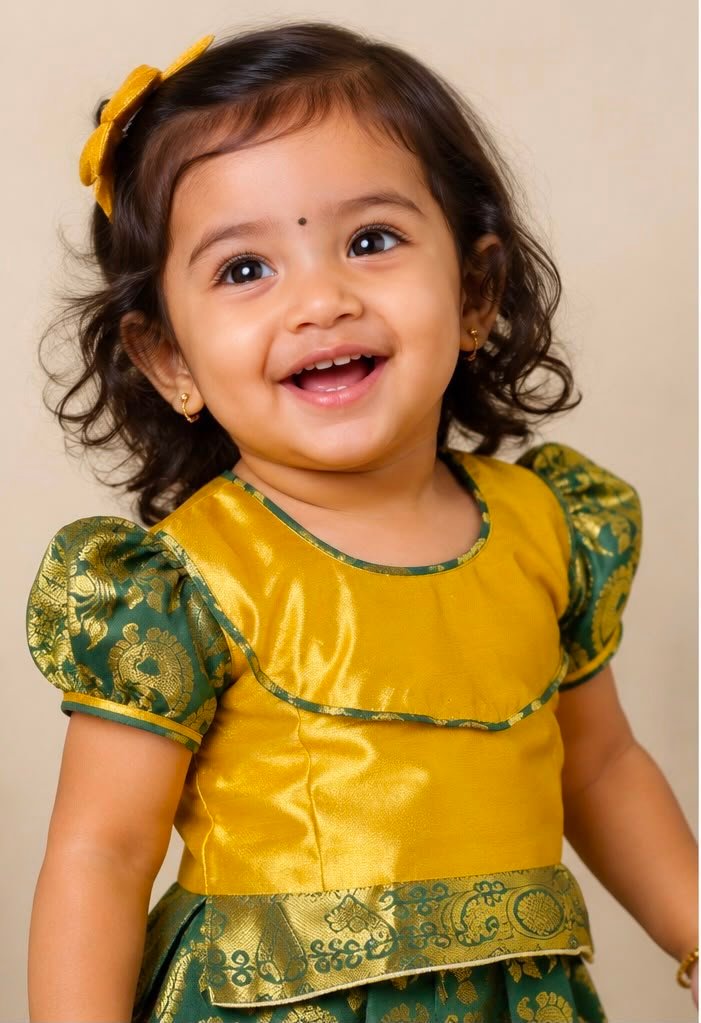 Vibrant Mustard Yellow & Bottle Green Silk Pattu Pavadai Set (Skirt &